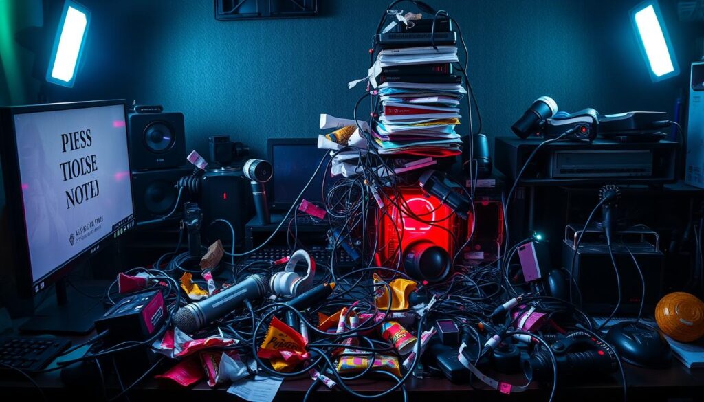 A cluttered streamer's desk, overflowing with tangled cables, discarded snack wrappers, and a precarious tower of outdated tech. Haphazardly placed microphones, webcams, and gaming peripherals create a chaotic, yet familiar scene. Bright RGB lighting casts an eerie glow, illuminating the disorganized workspace. Framed by a dimly lit background, the foreground is a disorderly mess, showcasing the challenges of maintaining a professional-looking setup amidst the demands of live streaming. The scene conveys a sense of overwhelming clutter, a cautionary tale for aspiring streamers to learn the importance of desk organization and cable management. A cluttered streamer's desk, overflowing with tangled cables, discarded snack wrappers, and a precarious tower of outdated tech. Haphazardly placed microphones, webcams, and gaming peripherals create a chaotic, yet familiar scene. Bright RGB lighting casts an eerie glow, illuminating the disorganized workspace. Framed by a dimly lit background, the foreground is a disorderly mess, showcasing the challenges of maintaining a professional-looking setup amidst the demands of live streaming. The scene conveys a sense of overwhelming clutter, a cautionary tale for aspiring streamers to learn the importance of desk organization and cable management.