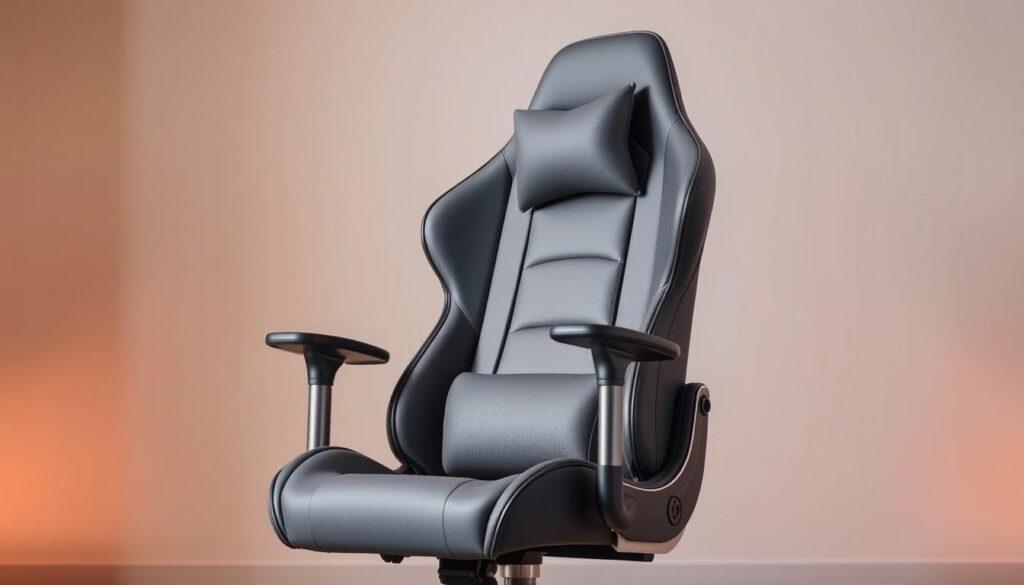 A highly ergonomic and adjustable gaming chair, designed for long gaming sessions. The chair features a high-backed design with plush, contoured cushions that provide superior lumbar support and comfort. Sleek, modern lines in a muted color palette create a stylish, sophisticated look. Polished metal accents and a sturdy, weighted base ensure stability and durability. Numerous adjustment options, including seat height, backrest recline, and armrest positioning, allow the user to find their perfect, personalized fit. Soft, breathable upholstery in a neutral tone complements the minimalist aesthetic. Warm, diffused lighting casts a cozy, atmospheric glow, setting the mood for focused, immersive gameplay. The chair is captured from a slightly elevated angle, showcasing its elegant silhouette and premium construction. A highly ergonomic and adjustable gaming chair, designed for long gaming sessions. The chair features a high-backed design with plush, contoured cushions that provide superior lumbar support and comfort. Sleek, modern lines in a muted color palette create a stylish, sophisticated look. Polished metal accents and a sturdy, weighted base ensure stability and durability. Numerous adjustment options, including seat height, backrest recline, and armrest positioning, allow the user to find their perfect, personalized fit. Soft, breathable upholstery in a neutral tone complements the minimalist aesthetic. Warm, diffused lighting casts a cozy, atmospheric glow, setting the mood for focused, immersive gameplay. The chair is captured from a slightly elevated angle, showcasing its elegant silhouette and premium construction.