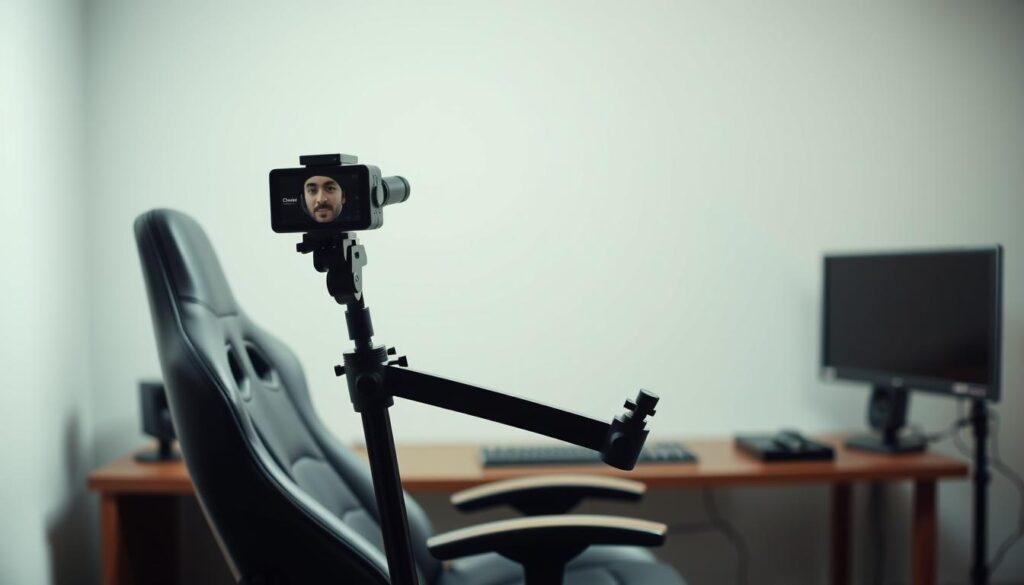 A modern, well-lit streaming setup featuring a comfortable gaming chair with a mounted camera capturing the user. The chair is positioned in the foreground, with a clear, uncluttered background. Soft, diffused lighting illuminates the scene, creating an inviting and professional atmosphere. The camera is mounted on a flexible arm, allowing for precise adjustment of the angle and framing. The user's face is clearly visible, making for an engaging and immersive viewing experience for the audience. The overall setup conveys a sense of style, organization, and attention to detail, perfectly suited for a streamer's workspace. A modern, well-lit streaming setup featuring a comfortable gaming chair with a mounted camera capturing the user. The chair is positioned in the foreground, with a clear, uncluttered background. Soft, diffused lighting illuminates the scene, creating an inviting and professional atmosphere. The camera is mounted on a flexible arm, allowing for precise adjustment of the angle and framing. The user's face is clearly visible, making for an engaging and immersive viewing experience for the audience. The overall setup conveys a sense of style, organization, and attention to detail, perfectly suited for a streamer's workspace.