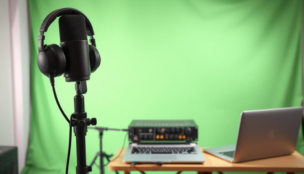a professional audio troubleshooting setup with a green screen backdrop in a well-lit home studio. in the foreground, a high-quality USB microphone and a pair of professional-grade headphones sit atop a sturdy boom arm, ready for recording and listening. in the middle ground, an advanced audio interface with multiple input channels and gain controls, connected to a sleek laptop for digital signal processing. behind them, a large, evenly lit green screen fills the background, providing a versatile canvas for visual effects and compositing. the overall scene conveys a sense of technical expertise, attention to audio quality, and preparedness for troubleshooting various issues like interference, hiss, and volume drops. a professional audio troubleshooting setup with a green screen backdrop in a well-lit home studio. in the foreground, a high-quality USB microphone and a pair of professional-grade headphones sit atop a sturdy boom arm, ready for recording and listening. in the middle ground, an advanced audio interface with multiple input channels and gain controls, connected to a sleek laptop for digital signal processing. behind them, a large, evenly lit green screen fills the background, providing a versatile canvas for visual effects and compositing. the overall scene conveys a sense of technical expertise, attention to audio quality, and preparedness for troubleshooting various issues like interference, hiss, and volume drops.