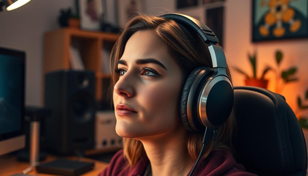 A cozy and well-lit home office setting with a person comfortably wearing high-quality studio headphones, surrounded by neatly organized streaming equipment. The headphones have plush, memory foam earcups and an adjustable, padded headband for extended wear. Warm task lighting illuminates the scene, creating a relaxed, focused atmosphere. The camera angle is slightly elevated, capturing the subject's serene expression as they immerse themselves in the streaming experience. Subtle details like a minimalist desk setup and a plant or two in the background suggest a tidy, distraction-free workspace optimized for long sessions. A cozy and well-lit home office setting with a person comfortably wearing high-quality studio headphones, surrounded by neatly organized streaming equipment. The headphones have plush, memory foam earcups and an adjustable, padded headband for extended wear. Warm task lighting illuminates the scene, creating a relaxed, focused atmosphere. The camera angle is slightly elevated, capturing the subject's serene expression as they immerse themselves in the streaming experience. Subtle details like a minimalist desk setup and a plant or two in the background suggest a tidy, distraction-free workspace optimized for long sessions.