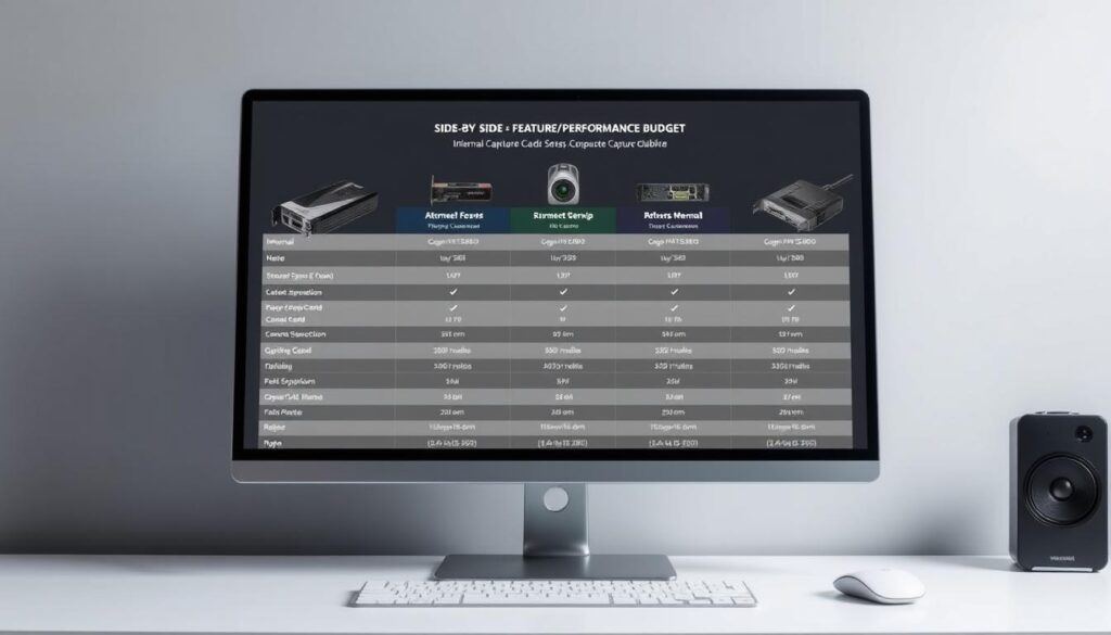 A neatly organized side-by-side comparison chart displayed on a sleek, minimalist desktop setup. The chart features crisp, high-resolution images of internal and external capture cards, showcasing their key specifications and performance metrics in a clear, easy-to-read layout. The chart is presented against a soft, neutral background, with subtle lighting that accentuates the details of the hardware. The overall aesthetic is professional, informative, and visually appealing, perfectly suited to illustrate the "Side-by-Side Feature/Performance/Budget Comparison Table" section of the article. A neatly organized side-by-side comparison chart displayed on a sleek, minimalist desktop setup. The chart features crisp, high-resolution images of internal and external capture cards, showcasing their key specifications and performance metrics in a clear, easy-to-read layout. The chart is presented against a soft, neutral background, with subtle lighting that accentuates the details of the hardware. The overall aesthetic is professional, informative, and visually appealing, perfectly suited to illustrate the "Side-by-Side Feature/Performance/Budget Comparison Table" section of the article.
