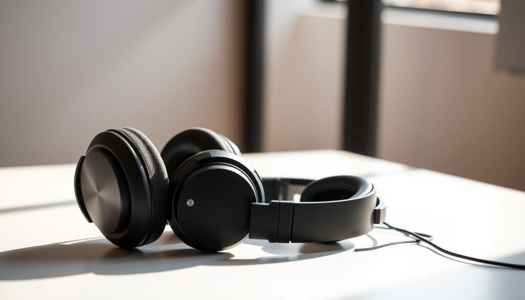 A pair of high-quality closed-back and open-back headphones resting on a sleek, minimalist desk against a blurred background. The closed-back model features a sophisticated, matte black design with plush, noise-isolating earcups, while the open-back variant has a more airy, perforated shell exposing its inner components. Soft, diffused natural lighting from a window casts warm shadows, highlighting the textural details and premium materials of both headphones. The scene conveys a sense of professional audio equipment ready for critical listening and content creation. A pair of high-quality closed-back and open-back headphones resting on a sleek, minimalist desk against a blurred background. The closed-back model features a sophisticated, matte black design with plush, noise-isolating earcups, while the open-back variant has a more airy, perforated shell exposing its inner components. Soft, diffused natural lighting from a window casts warm shadows, highlighting the textural details and premium materials of both headphones. The scene conveys a sense of professional audio equipment ready for critical listening and content creation.