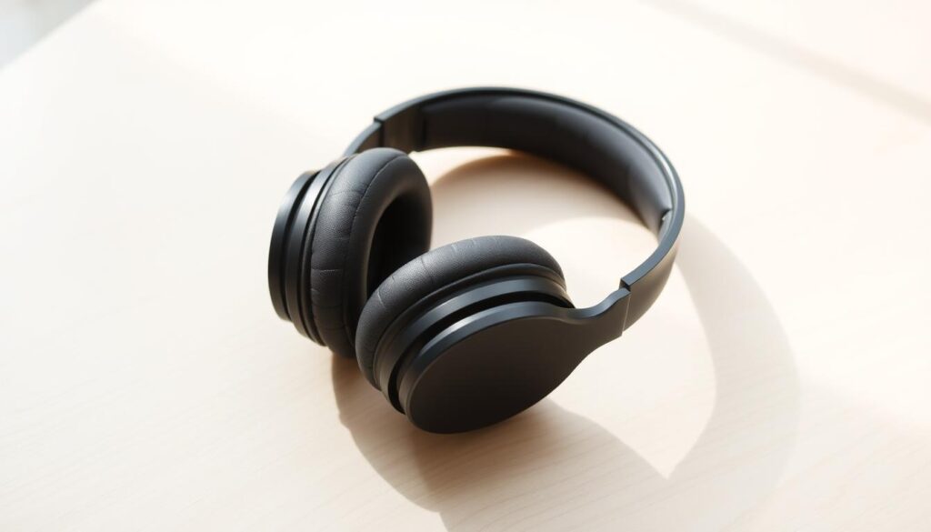 A sleek, high-quality set of headphones placed prominently on a minimalist, light-colored wooden surface. The headphones have a modern, over-ear design with plush, memory foam earcups and a streamlined, adjustable headband. The lighting is natural and diffused, creating a soft, even illumination that highlights the smooth contours and premium materials of the headphones. The background is slightly blurred, emphasizing the headphones as the central focus. The overall scene conveys a sense of sophistication, attention to detail, and suitability for professional-grade streaming and content creation.