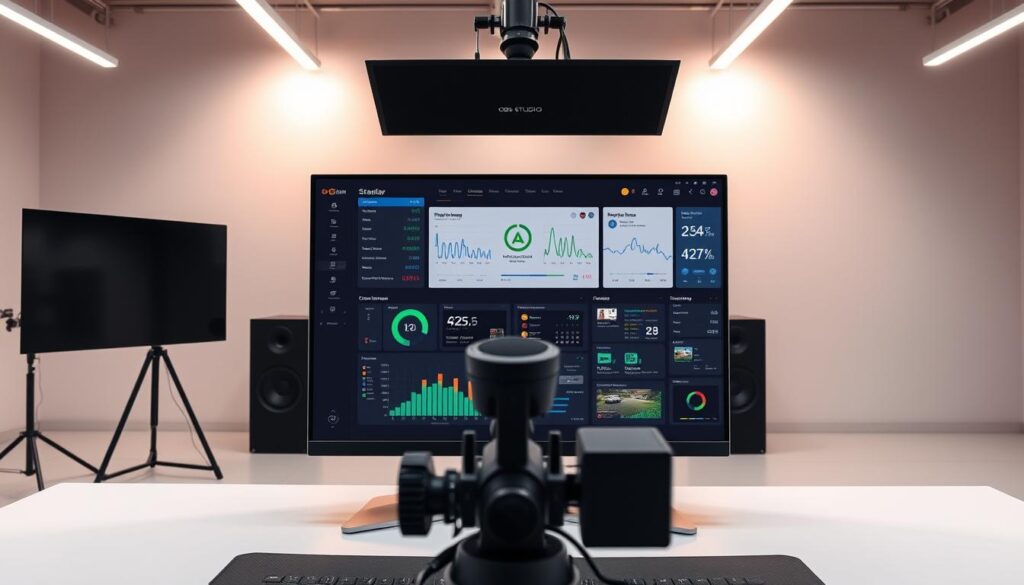 A sleek, modern workspace showcasing an array of OBS Studio stream widgets. In the foreground, a high-resolution display presents a customizable dashboard with various data visualizations, performance metrics, and interactive controls. The middle ground features a professional-grade webcam, microphone, and lighting setup, all seamlessly integrated into the scene. In the background, a minimalist, industrial-inspired environment with clean lines and subtle textures creates a visually striking, yet unobtrusive setting. Soft, diffused lighting casts a warm, productive glow across the scene, highlighting the precision and functionality of the OBS Studio interface. The overall composition conveys a sense of efficiency, control, and the power of open-source streaming technology. A sleek, modern workspace showcasing an array of OBS Studio stream widgets. In the foreground, a high-resolution display presents a customizable dashboard with various data visualizations, performance metrics, and interactive controls. The middle ground features a professional-grade webcam, microphone, and lighting setup, all seamlessly integrated into the scene. In the background, a minimalist, industrial-inspired environment with clean lines and subtle textures creates a visually striking, yet unobtrusive setting. Soft, diffused lighting casts a warm, productive glow across the scene, highlighting the precision and functionality of the OBS Studio interface. The overall composition conveys a sense of efficiency, control, and the power of open-source streaming technology.