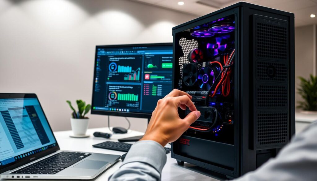 A well-lit desktop workspace with a laptop, a variety of computer components, and a desktop PC tower. In the foreground, a person's hands are examining the internal hardware of the desktop PC, adjusting cables and components. In the middle ground, a high-resolution monitor displays system performance metrics and troubleshooting software. The background features a minimalist, modern office setting with clean lines, neutral colors, and subtle lighting, creating a focused, professional atmosphere.