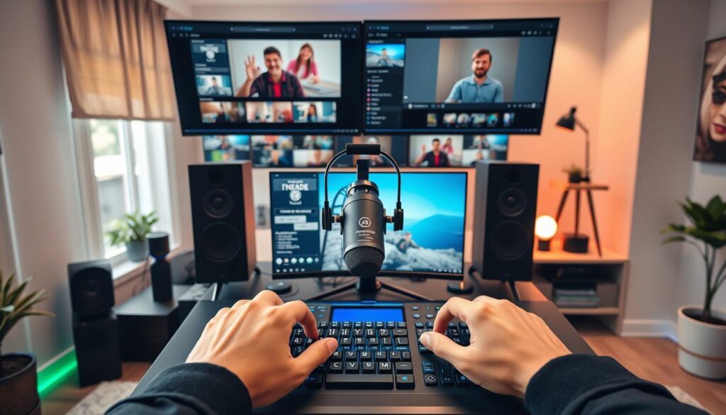A busy multi-platform streaming setup featuring a sleek, modern computer setup with multiple monitors displaying various streaming platforms. The foreground shows hands expertly managing a sophisticated control panel, while the middle ground showcases a high-end webcam, microphone, and other streaming peripherals. The background features a minimalist home office setting with tasteful decor, ample natural lighting, and subtle RGB accents, creating a professional yet cozy atmosphere. The overall scene conveys the power and flexibility of a state-of-the-art streaming configuration optimized for seamless multistreaming across platforms.