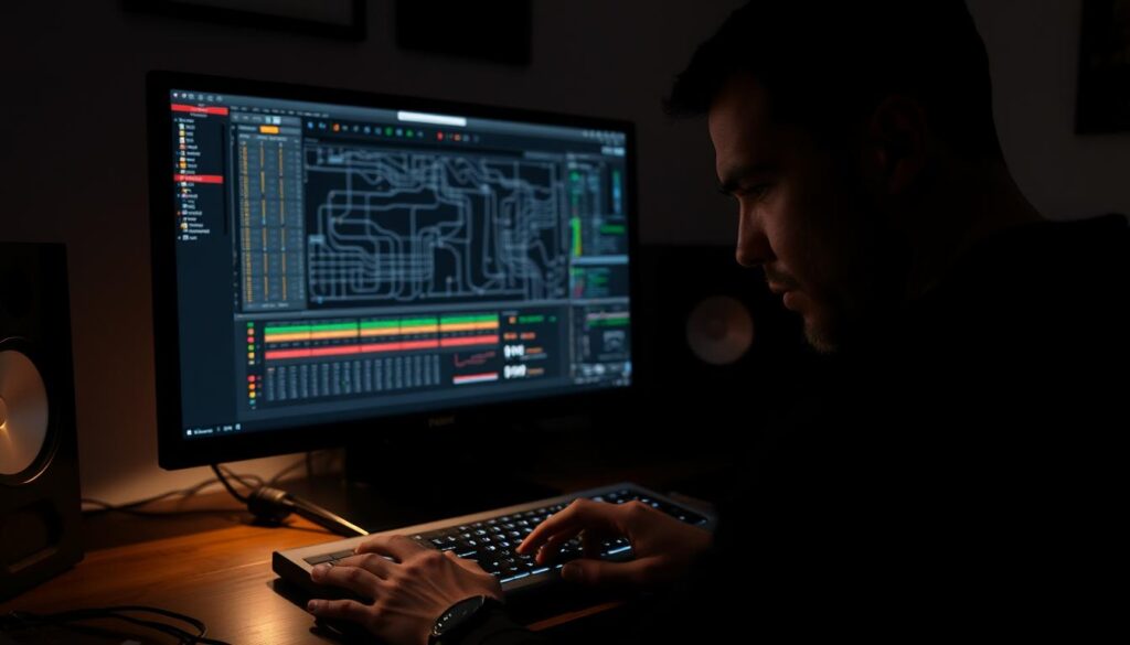 A dimly lit home office, the glow of a computer monitor casting a soft light across the desk. On the screen, a complex audio routing software interface, its various channels and controls a maze of digital complexity. In the foreground, a pair of hands, brow furrowed in concentration, meticulously adjusting knobs and sliders, troubleshooting the intricate web of audio pathways. The backdrop is a subtle blend of muted tones, conveying a sense of focus and intensity as the user wrestles with the technical challenges of their craft. The scene exudes a mood of problem-solving, with the ultimate goal of achieving a seamless, multi-channel audio setup. A dimly lit home office, the glow of a computer monitor casting a soft light across the desk. On the screen, a complex audio routing software interface, its various channels and controls a maze of digital complexity. In the foreground, a pair of hands, brow furrowed in concentration, meticulously adjusting knobs and sliders, troubleshooting the intricate web of audio pathways. The backdrop is a subtle blend of muted tones, conveying a sense of focus and intensity as the user wrestles with the technical challenges of their craft. The scene exudes a mood of problem-solving, with the ultimate goal of achieving a seamless, multi-channel audio setup.