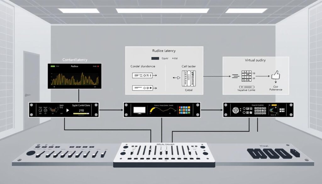 A neatly organized technical schematic illustrating various audio routing solutions for reducing latency. In the foreground, a central control panel displays real-time latency metrics and adjustment controls. In the middle ground, crisp diagrams showcase different hardware and software configurations, with clear labeling of components like soundcards, mixers, and virtual audio cables. The background features a minimalist, industrial-style environment with muted tones and subtle grid patterns, conveying a sense of precision and functionality. The overall mood is one of informative clarity, guiding the viewer through effective, visually appealing latency remedies.
