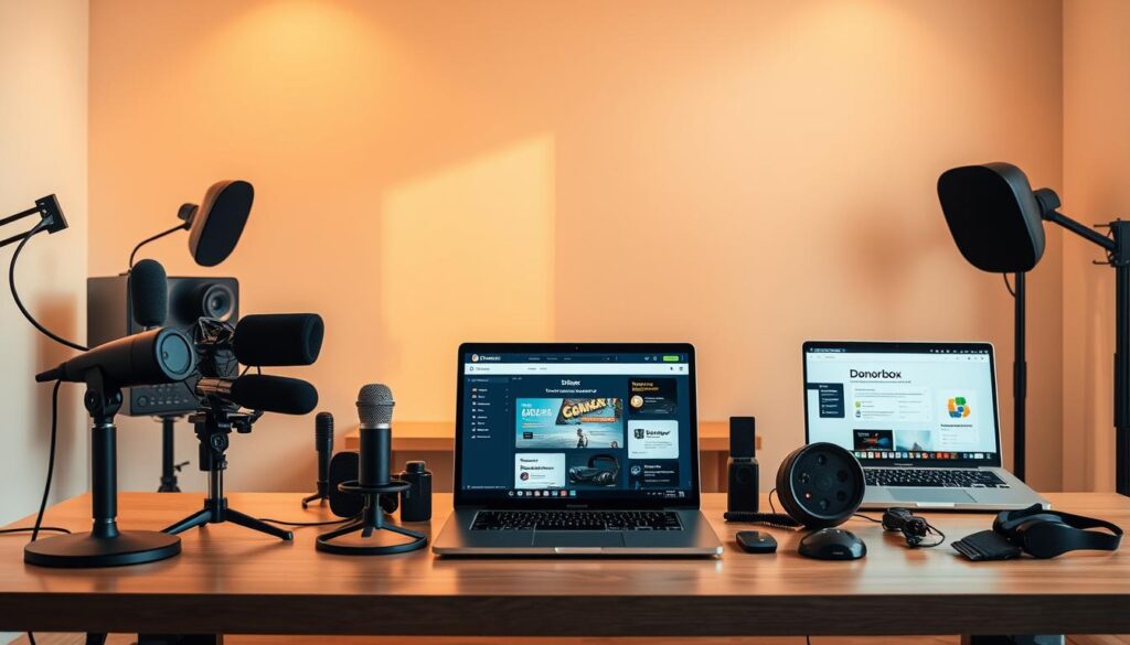 A serene, well-lit studio scene with a table showcasing a lineup of popular streaming monetization tools. In the foreground, sleek microphones, webcams, and other streaming accessories are neatly arranged. In the middle ground, three laptop screens display the user interfaces of prominent monetization platforms like Streamlabs, Streamelements, and Donorbox. The background features a tasteful minimalist backdrop, creating a professional, aspirational atmosphere. Warm, natural lighting from above casts a gentle glow, highlighting the tools and creating well-defined shadows. The composition is balanced, with a clean, uncluttered layout that invites the viewer to compare and contrast the featured monetization solutions.