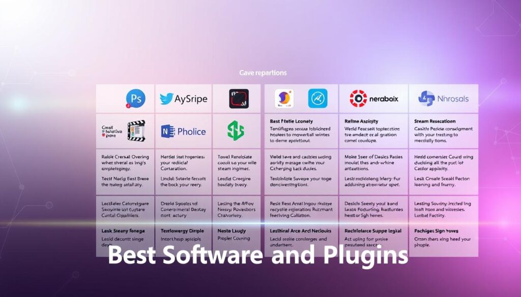 A sleek and modern software comparison interface, showcasing various stream overlay tools in a clean, grid-like layout. The foreground features high-resolution, detailed icons and logos of popular overlay applications, arranged neatly against a minimalist, gradient-filled background. The middle ground displays concise, informative descriptions of each software's key features and capabilities, presented in a clear and legible typography. The background subtly hints at a technical, digital atmosphere with subtle wireframe patterns and soft, ambient lighting, creating a professional and authoritative tone. The overall composition exudes a sense of organization, efficiency, and informed decision-making, perfectly suited to illustrate the "Best Software and Plugins" section of the article. A sleek and modern software comparison interface, showcasing various stream overlay tools in a clean, grid-like layout. The foreground features high-resolution, detailed icons and logos of popular overlay applications, arranged neatly against a minimalist, gradient-filled background. The middle ground displays concise, informative descriptions of each software's key features and capabilities, presented in a clear and legible typography. The background subtly hints at a technical, digital atmosphere with subtle wireframe patterns and soft, ambient lighting, creating a professional and authoritative tone. The overall composition exudes a sense of organization, efficiency, and informed decision-making, perfectly suited to illustrate the "Best Software and Plugins" section of the article.