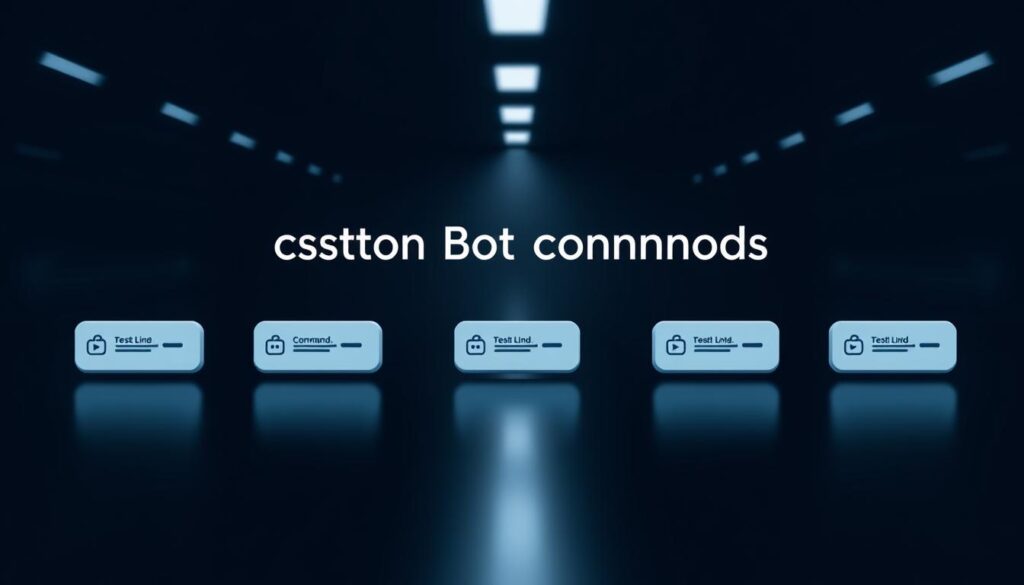 A sleek, minimalist design showcasing custom bot commands against a sophisticated, dark-themed backdrop. The commands are displayed as clean, modern icons or buttons, arranged in a visually striking layout. Subtle lighting and depth-of-field effects create a sense of depth and professionalism. The overall aesthetic conveys a high-tech, yet approachable and user-friendly branding for a cutting-edge chat moderation system.