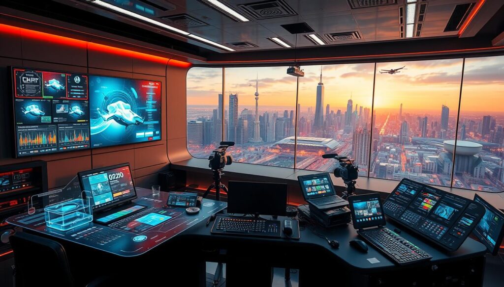 A sleek, ultramodern control center filled with holographic displays, interactive interfaces, and futuristic streaming equipment. In the foreground, a dynamic overlay system generates real-time visualizations, animated graphics, and customizable UI elements. The middle ground showcases advanced cameras, multi-channel mixers, and other state-of-the-art broadcasting hardware. In the background, a panoramic window reveals a cityscape of towering skyscrapers, hovering vehicles, and a vibrant, neon-lit skyline, conveying a sense of technological progress and innovation. The overall scene is bathed in a warm, futuristic glow, creating an atmosphere of immersive, cutting-edge streaming capabilities. A sleek, ultramodern control center filled with holographic displays, interactive interfaces, and futuristic streaming equipment. In the foreground, a dynamic overlay system generates real-time visualizations, animated graphics, and customizable UI elements. The middle ground showcases advanced cameras, multi-channel mixers, and other state-of-the-art broadcasting hardware. In the background, a panoramic window reveals a cityscape of towering skyscrapers, hovering vehicles, and a vibrant, neon-lit skyline, conveying a sense of technological progress and innovation. The overall scene is bathed in a warm, futuristic glow, creating an atmosphere of immersive, cutting-edge streaming capabilities.