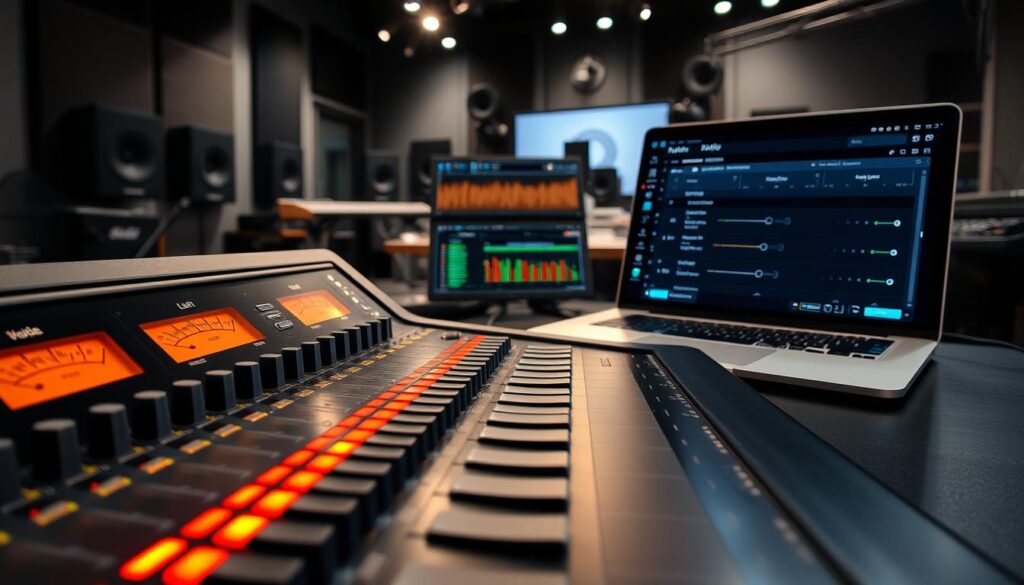 A state-of-the-art audio mixing console dominates the foreground, its sleek black panels and glowing LED meters reflecting the soft lighting. In the middle ground, a laptop displays a sophisticated audio streaming interface, with adjustable volume sliders and customizable alert settings. The background depicts a modern streaming studio, with acoustic panels, microphones, and other professional-grade equipment, conveying a sense of advanced, high-quality production. The overall atmosphere is one of precision, control, and technological sophistication, perfectly suited for the "Alert Volumes and Notification Management" section of the article. A state-of-the-art audio mixing console dominates the foreground, its sleek black panels and glowing LED meters reflecting the soft lighting. In the middle ground, a laptop displays a sophisticated audio streaming interface, with adjustable volume sliders and customizable alert settings. The background depicts a modern streaming studio, with acoustic panels, microphones, and other professional-grade equipment, conveying a sense of advanced, high-quality production. The overall atmosphere is one of precision, control, and technological sophistication, perfectly suited for the "Alert Volumes and Notification Management" section of the article.