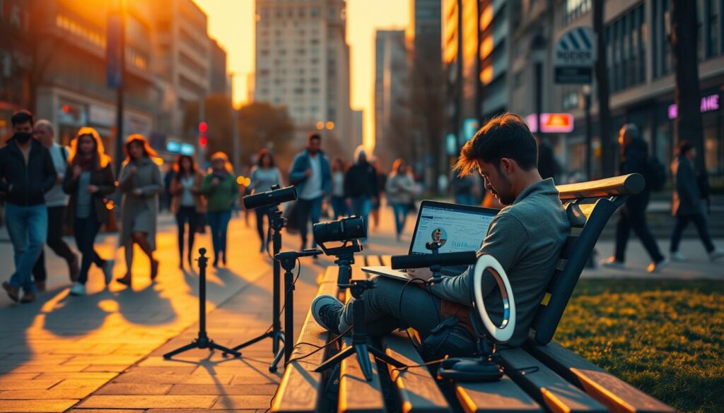A bustling city street at golden hour, the warm evening light casting a cozy glow. In the foreground, a content creator sits cross-legged on a park bench, laptop open, surrounded by various mobile streaming equipment - a high-quality camera, external microphone, ring light. They are deep in concentration, carefully adjusting settings and monitoring metrics on their screen. In the middle ground, passersby stroll by, some stopping to curiously observe the IRL setup. In the background, skyscrapers and neon signs hint at the vibrant nightlife of the urban landscape. The overall mood is one of productive focus, technological innovation, and the thrill of capturing content on the go. A bustling city street at golden hour, the warm evening light casting a cozy glow. In the foreground, a content creator sits cross-legged on a park bench, laptop open, surrounded by various mobile streaming equipment - a high-quality camera, external microphone, ring light. They are deep in concentration, carefully adjusting settings and monitoring metrics on their screen. In the middle ground, passersby stroll by, some stopping to curiously observe the IRL setup. In the background, skyscrapers and neon signs hint at the vibrant nightlife of the urban landscape. The overall mood is one of productive focus, technological innovation, and the thrill of capturing content on the go.