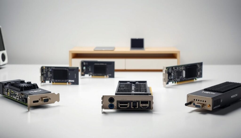 A highly detailed, technically accurate comparison of four 4K capture cards arranged in a well-lit, studio-style setting. The cards are positioned prominently in the foreground, showcasing their unique designs and features from multiple angles under soft, diffused lighting. The background is a clean, neutral workspace, allowing the products to take center stage. The overall mood is one of professional, informative clarity, inviting the viewer to closely examine and compare the capture cards. The image conveys the technical capabilities and key differentiating factors of each device, visually supporting the "Capture Cards: Internal vs. External" section of the article. A highly detailed, technically accurate comparison of four 4K capture cards arranged in a well-lit, studio-style setting. The cards are positioned prominently in the foreground, showcasing their unique designs and features from multiple angles under soft, diffused lighting. The background is a clean, neutral workspace, allowing the products to take center stage. The overall mood is one of professional, informative clarity, inviting the viewer to closely examine and compare the capture cards. The image conveys the technical capabilities and key differentiating factors of each device, visually supporting the "Capture Cards: Internal vs. External" section of the article.