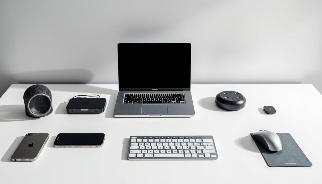 A modern, minimalist home office setup with sleek, silver mobile devices and peripherals arranged neatly on a pristine white desk. A high-end gaming laptop, a sleek smartphone, and a compact wireless mouse and keyboard create a seamless, technology-driven workspace. Soft, directional lighting illuminates the scene, casting subtle shadows and highlighting the clean, contemporary design. The background is a simple, calming gradient that allows the focus to remain on the mobile streaming solutions at the center of the frame.