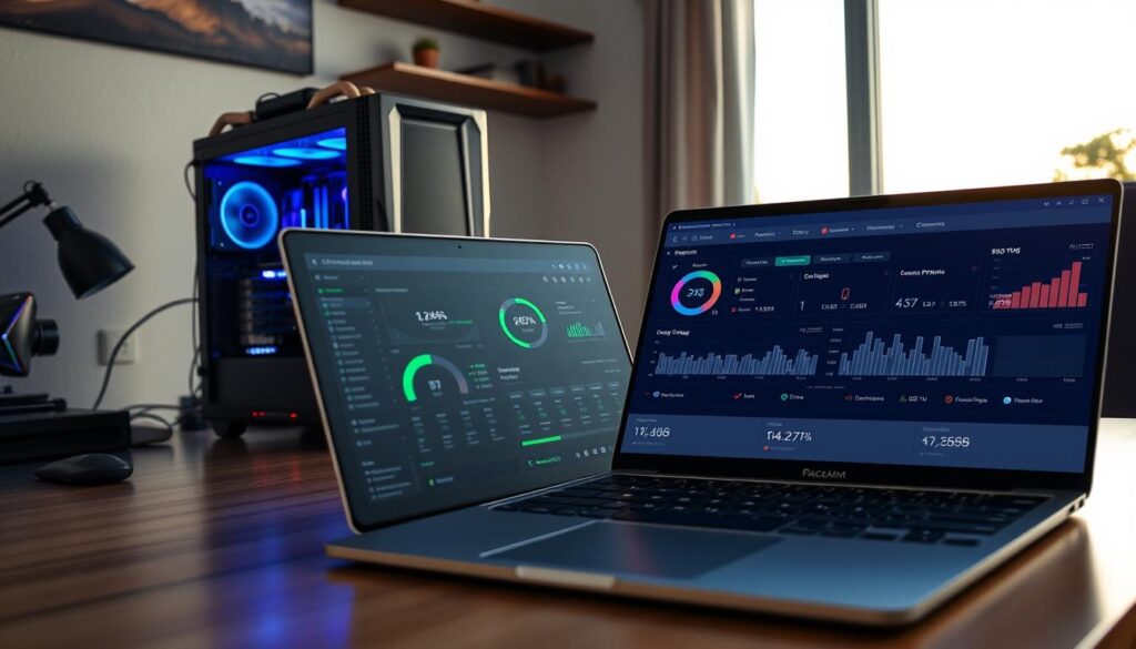 A serene, well-lit home office setting. On the desk, a high-end gaming PC with intricate cooling systems and RGB lighting, conveying the importance of optimal hardware performance. In the foreground, a laptop displaying a real-time system monitoring dashboard, highlighting CPU, GPU, and memory utilization. The middle ground features an open software interface, showcasing process prioritization and resource allocation controls. The background depicts a tranquil outdoor scene through a large window, suggesting a balanced, thoughtful approach to PC resource management. A serene, well-lit home office setting. On the desk, a high-end gaming PC with intricate cooling systems and RGB lighting, conveying the importance of optimal hardware performance. In the foreground, a laptop displaying a real-time system monitoring dashboard, highlighting CPU, GPU, and memory utilization. The middle ground features an open software interface, showcasing process prioritization and resource allocation controls. The background depicts a tranquil outdoor scene through a large window, suggesting a balanced, thoughtful approach to PC resource management.