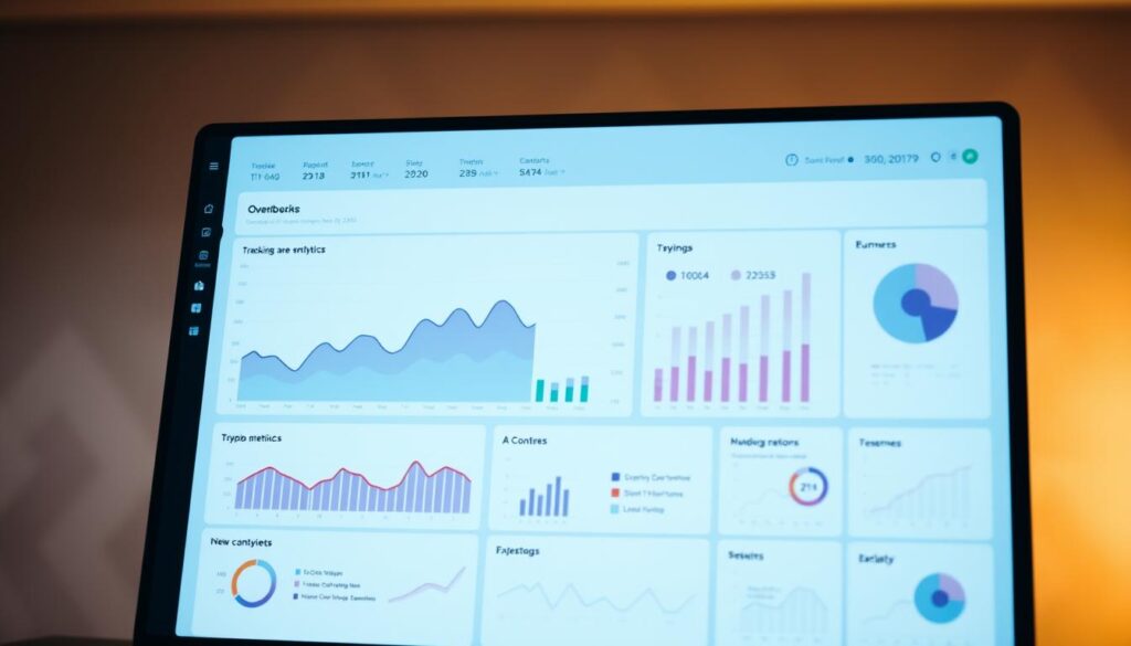 A sleek, data-driven dashboard illuminates the screen, its crisp visualizations showcasing real-time analytics. The foreground features a bold, high-contrast line chart tracking critical performance metrics, conveying insights at a glance. In the middle ground, a series of concise KPI tiles provide a comprehensive overview, their clean design and subtle animations drawing the eye. The background subtly blends a soft, muted gradient with a faint geometric pattern, creating a polished, professional ambiance. Warm, directional lighting casts a gentle glow, while a shallow depth of field focuses attention on the analytical details. This streamlined, intuitive interface embodies the essence of data-driven decision-making. A sleek, data-driven dashboard illuminates the screen, its crisp visualizations showcasing real-time analytics. The foreground features a bold, high-contrast line chart tracking critical performance metrics, conveying insights at a glance. In the middle ground, a series of concise KPI tiles provide a comprehensive overview, their clean design and subtle animations drawing the eye. The background subtly blends a soft, muted gradient with a faint geometric pattern, creating a polished, professional ambiance. Warm, directional lighting casts a gentle glow, while a shallow depth of field focuses attention on the analytical details. This streamlined, intuitive interface embodies the essence of data-driven decision-making.