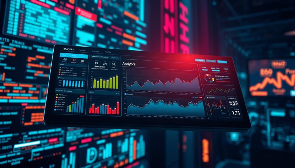 A sleek, futuristic data dashboard hovers against a backdrop of pulsing data streams and neon-lit displays. In the foreground, streamlined analytic tools and interactive visualizations showcase real-time metrics, providing deep insights into audience engagement and viewership trends across multiple streaming platforms. The scene is bathed in a cool, techno-chic glow, with sharp shadows and highlights accentuating the precision and power of these state-of-the-art streaming analytics solutions. The overall atmosphere conveys a sense of control, clarity, and the ability to make informed decisions in the dynamic world of live content distribution.