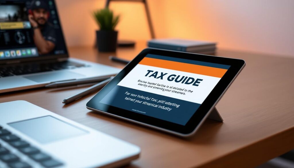 A sleek, minimalist desktop setup with a laptop, stylus, and a tablet displaying a tax guide for streamers. Warm, soft lighting casts a cozy ambiance, hinting at the importance of financial planning. The foreground features the key elements - the tablet showcasing tax-related information tailored for the streaming industry. The middle ground has a well-organized workspace with a modern aesthetic, reflecting the professionalism needed to manage one's financial affairs. The background subtly blurs out, placing the focus on the central tax guide. Overall, the image conveys a sense of diligence, organization, and the necessity of responsible financial management for successful streamers.
