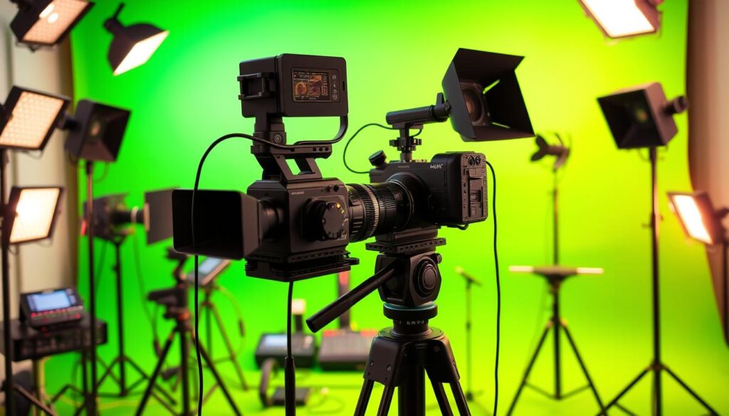 A well-lit streaming studio setup with a vibrant green screen backdrop. In the foreground, an array of professional-grade lighting fixtures and a high-quality video camera mounted on a sturdy tripod. In the middle ground, various studio accessories such as a microphone, audio mixer, and cable management solutions. The background features a seamless chroma key green screen, providing a versatile canvas for dynamic virtual backgrounds. The overall atmosphere conveys a sense of technical sophistication and production value, ideal for enhancing the quality of live video streams. A well-lit streaming studio setup with a vibrant green screen backdrop. In the foreground, an array of professional-grade lighting fixtures and a high-quality video camera mounted on a sturdy tripod. In the middle ground, various studio accessories such as a microphone, audio mixer, and cable management solutions. The background features a seamless chroma key green screen, providing a versatile canvas for dynamic virtual backgrounds. The overall atmosphere conveys a sense of technical sophistication and production value, ideal for enhancing the quality of live video streams.