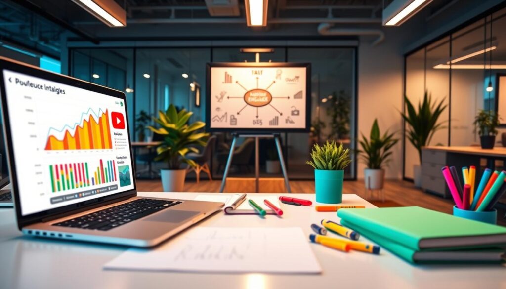 A dynamic case study analysis on YouTube growth hacks, featuring a sleek workspace in the foreground. A well-organized desk displays vibrant analytics graphs on a laptop screen, surrounded by colorful notebooks and highlighters. In the middle ground, a framed whiteboard showcases strategic brainstorming visuals with arrows and icons related to audience engagement and content scheduling. The background offers a modern office setting with soft ambient lighting, glass walls, and indoor plants, exuding a professional atmosphere. The scene is captured with a slightly elevated angle, simulating a collaborative environment where ideas flow. The overall mood is focused and innovative, emphasizing the importance of strategic planning for maximum growth.