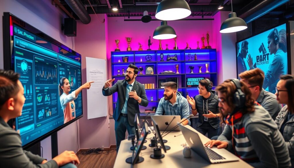 A dynamic eSports community engagement scene showcasing a diverse group of gamers and streamers discussing strategies in a well-lit, modern gaming lounge. In the foreground, two individuals, one male and one female, dressed in professional business casual attire, enthusiastically exchange ideas while pointing at a digital board displaying charts and strategies. In the middle, a small group of gamers, representing various nationalities, collaborate around laptops and tablets, focused and engaged in brainstorming sessions. In the background, shelves filled with gaming gear and trophies enhance the atmosphere. The lighting is bright and inviting, creating a motivational vibe. A wide-angle lens captures the collaborative essence of the scene, immersing the viewer in a vibrant and tech-savvy environment, promoting community and teamwork in the eSports landscape. A dynamic eSports community engagement scene showcasing a diverse group of gamers and streamers discussing strategies in a well-lit, modern gaming lounge. In the foreground, two individuals, one male and one female, dressed in professional business casual attire, enthusiastically exchange ideas while pointing at a digital board displaying charts and strategies. In the middle, a small group of gamers, representing various nationalities, collaborate around laptops and tablets, focused and engaged in brainstorming sessions. In the background, shelves filled with gaming gear and trophies enhance the atmosphere. The lighting is bright and inviting, creating a motivational vibe. A wide-angle lens captures the collaborative essence of the scene, immersing the viewer in a vibrant and tech-savvy environment, promoting community and teamwork in the eSports landscape.