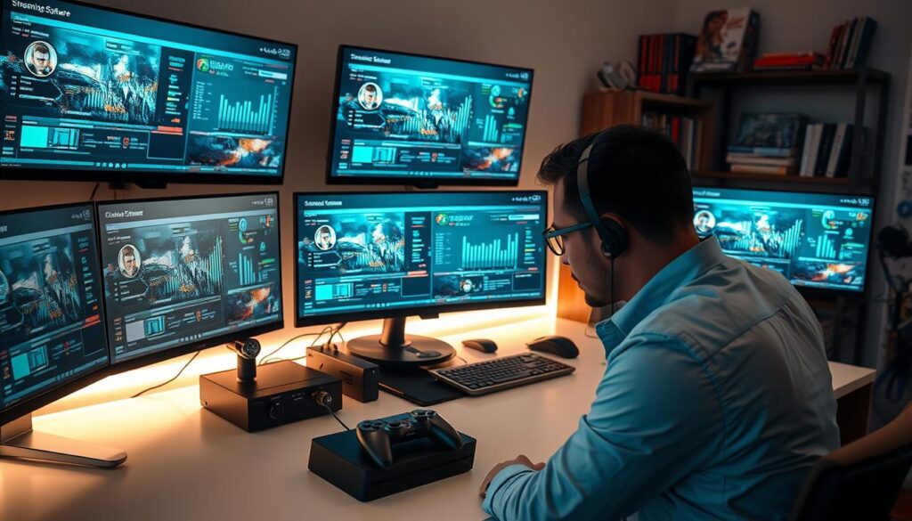 A dynamic, modern workspace focused on FPS streaming optimization, featuring a sleek desk with multiple monitors displaying real-time streaming statistics and lush visual graphics. In the foreground, a focused professional in smart casual attire is adjusting streaming software settings on the main monitor, illuminated by soft, ambient lighting that highlights their concentration. In the middle layer, an organized array of high-tech devices such as a gaming console, microphone, and headset shows the essential tools for optimal streaming. The background includes a stylish bookshelf with gaming books and tech gadgets, all under a warm, inviting light. The atmosphere is one of efficiency and dedication, capturing the essence of quick fixes for smooth, lag-free streaming. A dynamic, modern workspace focused on FPS streaming optimization, featuring a sleek desk with multiple monitors displaying real-time streaming statistics and lush visual graphics. In the foreground, a focused professional in smart casual attire is adjusting streaming software settings on the main monitor, illuminated by soft, ambient lighting that highlights their concentration. In the middle layer, an organized array of high-tech devices such as a gaming console, microphone, and headset shows the essential tools for optimal streaming. The background includes a stylish bookshelf with gaming books and tech gadgets, all under a warm, inviting light. The atmosphere is one of efficiency and dedication, capturing the essence of quick fixes for smooth, lag-free streaming.