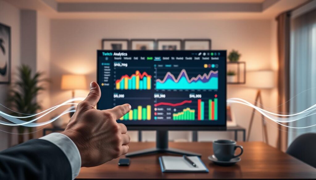 A modern Twitch analytics dashboard displayed on a sleek computer monitor, showcasing colorful graphs and metrics, with various stats visible, such as viewer counts, average watch time, and engagement rates. In the foreground, a hand gestures towards the screen, wearing a stylish yet professional business attire. In the middle, the bright glow of the monitor illuminates a clean, organized workspace with a notepad and a coffee cup, while digital streams and waves subtly flow around the edges, suggesting data flow and optimization. The background features a blurred room with soft lighting and contemporary decor, creating a productive atmosphere. The overall mood is focused and analytical, emphasizing the importance of using data for strategic adjustments in streaming. A modern Twitch analytics dashboard displayed on a sleek computer monitor, showcasing colorful graphs and metrics, with various stats visible, such as viewer counts, average watch time, and engagement rates. In the foreground, a hand gestures towards the screen, wearing a stylish yet professional business attire. In the middle, the bright glow of the monitor illuminates a clean, organized workspace with a notepad and a coffee cup, while digital streams and waves subtly flow around the edges, suggesting data flow and optimization. The background features a blurred room with soft lighting and contemporary decor, creating a productive atmosphere. The overall mood is focused and analytical, emphasizing the importance of using data for strategic adjustments in streaming.