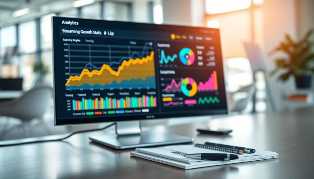 A modern analytics dashboard displaying streaming growth stats, featuring colorful graphs and charts representing data trends. In the foreground, a sleek desktop monitor shows real-time analytics with line graphs, bar charts, and pie charts, all in vivid colors. The middle ground includes a tidy workspace with a stylish pen and a notepad for note-taking, suggesting a professional environment. The background features a softly blurred office setting, emphasizing a focused atmosphere. The lighting is bright and natural, simulating an inviting and productive workspace. The entire scene conveys a sense of clarity and organization, perfect for illustrating the importance of reading and interpreting analytics effectively in the context of streaming growth. A modern analytics dashboard displaying streaming growth stats, featuring colorful graphs and charts representing data trends. In the foreground, a sleek desktop monitor shows real-time analytics with line graphs, bar charts, and pie charts, all in vivid colors. The middle ground includes a tidy workspace with a stylish pen and a notepad for note-taking, suggesting a professional environment. The background features a softly blurred office setting, emphasizing a focused atmosphere. The lighting is bright and natural, simulating an inviting and productive workspace. The entire scene conveys a sense of clarity and organization, perfect for illustrating the importance of reading and interpreting analytics effectively in the context of streaming growth.
