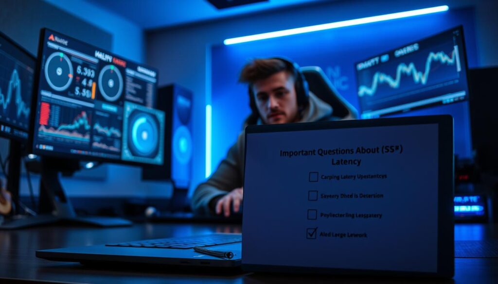 A professional gamer sitting at a modern gaming desk, surrounded by high-tech equipment, including a fast gaming PC and multiple monitors displaying latency stats and network graphs. In the foreground, close-up view of a laptop with a checklist titled “Important Questions About ISP Latency” positioned prominently. The middle area highlights the gamer, focused and determined, wearing casual yet stylish gaming attire. The background features a sleek gaming setup with LED lights casting a cool blue hue, emphasizing a high-energy atmosphere. Soft lighting enhances the details, creating a dynamic contrast. The overall mood is intense and engaging, reflecting the seriousness of choosing the right ISP for optimal gaming performance. A professional gamer sitting at a modern gaming desk, surrounded by high-tech equipment, including a fast gaming PC and multiple monitors displaying latency stats and network graphs. In the foreground, close-up view of a laptop with a checklist titled “Important Questions About ISP Latency” positioned prominently. The middle area highlights the gamer, focused and determined, wearing casual yet stylish gaming attire. The background features a sleek gaming setup with LED lights casting a cool blue hue, emphasizing a high-energy atmosphere. Soft lighting enhances the details, creating a dynamic contrast. The overall mood is intense and engaging, reflecting the seriousness of choosing the right ISP for optimal gaming performance.