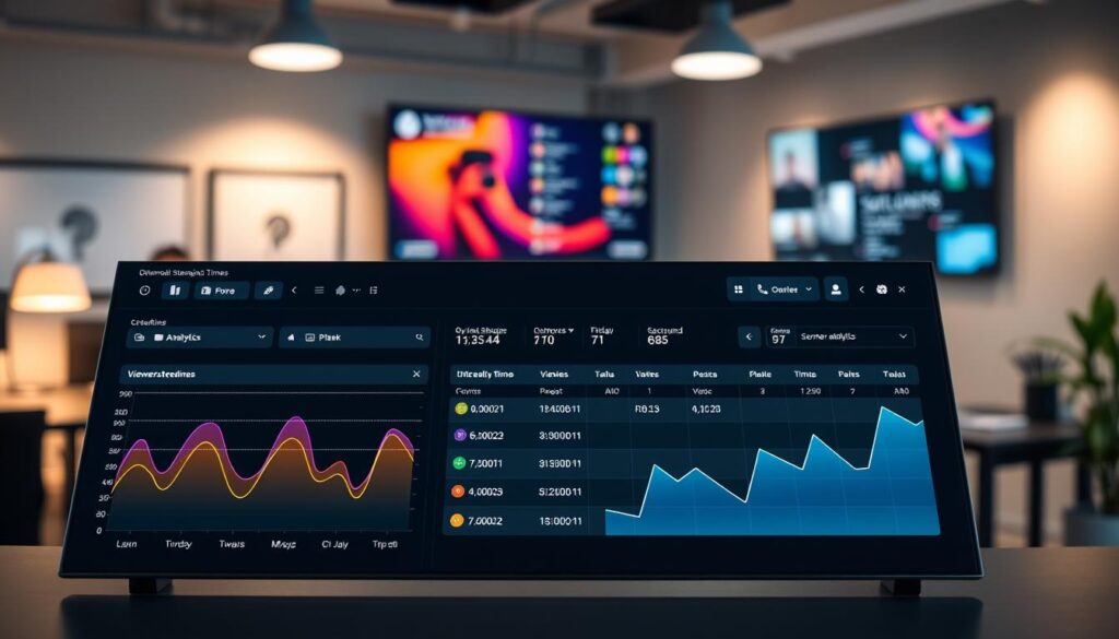 A sleek and modern analytics dashboard displaying optimal streaming times. In the foreground, vibrant graphs and charts showcasing viewer engagement and peak hours with colorful lines and bars. In the middle, a user-friendly interface with various filters and options for scheduling, featuring dropdown menus and buttons, all set against a dark theme for contrast. In the background, a softly blurred workspace environment filled with subtle hints of technology, like a wall-mounted screen displaying additional analytics. The scene is illuminated with soft, ambient lighting that creates a professional and focused atmosphere, suggesting productivity and clarity. Capture a high-angle view to emphasize the dashboard's layout and functionality, evoking a sense of organization and efficiency in planning streaming schedules.