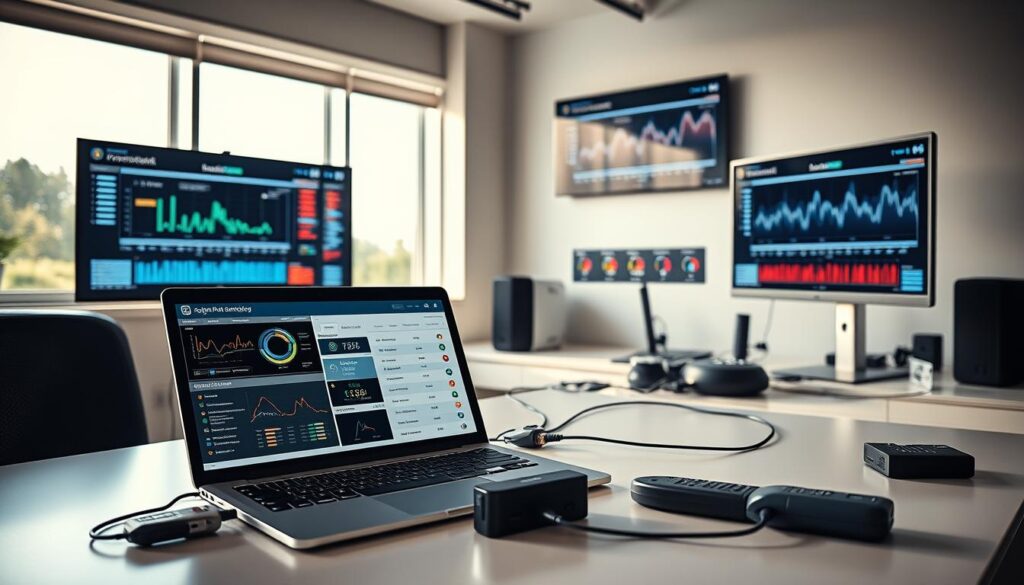 A sleek workspace featuring advanced network monitoring tools on multiple screens, vividly displaying real-time data analytics for lag reduction. In the foreground, a modern laptop open to a network performance dashboard, surrounded by gadgets like a network analyzer and cable testers. The middle ground showcases a stylish desk with minimalistic design, complemented by efficient LED lighting that highlights the screens and tools. The background includes a wall-mounted display with graphs depicting ping rates and packet loss statistics, and a window allowing natural light to flood in, creating an open, tech-savvy atmosphere. Capture the mood of focused professionalism, emphasizing efficiency and clarity in a high-tech environment. A sleek workspace featuring advanced network monitoring tools on multiple screens, vividly displaying real-time data analytics for lag reduction. In the foreground, a modern laptop open to a network performance dashboard, surrounded by gadgets like a network analyzer and cable testers. The middle ground showcases a stylish desk with minimalistic design, complemented by efficient LED lighting that highlights the screens and tools. The background includes a wall-mounted display with graphs depicting ping rates and packet loss statistics, and a window allowing natural light to flood in, creating an open, tech-savvy atmosphere. Capture the mood of focused professionalism, emphasizing efficiency and clarity in a high-tech environment.