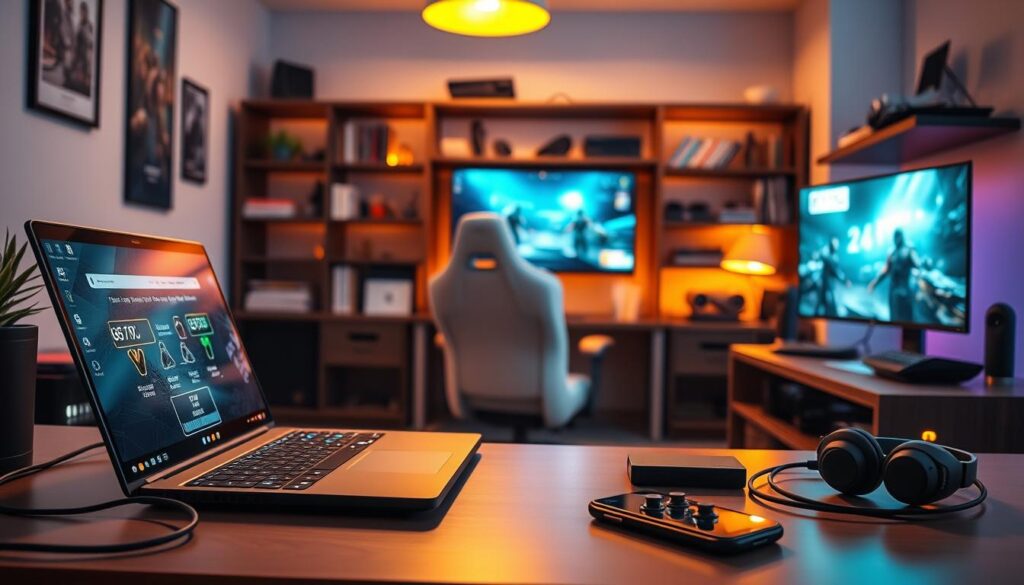A well-lit, modern home office setup focused on gaming. In the foreground, a sleek gaming desk features a high-performance laptop displaying multiple internet connection options, including Wi-Fi and an Ethernet cable. On the desk, a stylish router with LED lights glows softly, surrounded by a neatly arranged array of tech gadgets like a gaming headset and a smartphone with signal strength indicators. In the middle ground, a comfortable gaming chair faces a large monitor showcasing a competitive gaming scene, highlighting the importance of reliable internet. The background reveals a stylish bookshelf filled with gaming literature and tech memorabilia. The overall atmosphere is vibrant and focused, with warm, inviting lighting that emphasizes a productive, high-tech environment ideal for gamers exploring backup internet solutions. A well-lit, modern home office setup focused on gaming. In the foreground, a sleek gaming desk features a high-performance laptop displaying multiple internet connection options, including Wi-Fi and an Ethernet cable. On the desk, a stylish router with LED lights glows softly, surrounded by a neatly arranged array of tech gadgets like a gaming headset and a smartphone with signal strength indicators. In the middle ground, a comfortable gaming chair faces a large monitor showcasing a competitive gaming scene, highlighting the importance of reliable internet. The background reveals a stylish bookshelf filled with gaming literature and tech memorabilia. The overall atmosphere is vibrant and focused, with warm, inviting lighting that emphasizes a productive, high-tech environment ideal for gamers exploring backup internet solutions.