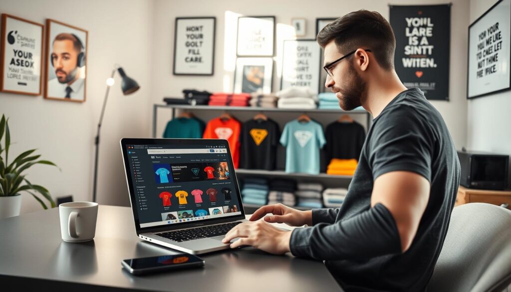 A cozy, modern home office scene featuring a professional streamer managing their merchandise orders. In the foreground, a sleek desk contains a laptop displaying an online store dashboard with colorful T-shirts and digital downloads. A cup of coffee sits beside the laptop, and a smartphone is charging nearby. In the middle, shelves are lined with neatly packaged merchandise, showcasing vibrant T-shirts and digital artwork prints. The background features a softly lit wall adorned with framed art and motivational quotes, creating an inviting atmosphere. Natural light streams in through a window, enhancing the productive vibe. The mood is focused and entrepreneurial, capturing the essence of managing orders and customer service efficiently. A cozy, modern home office scene featuring a professional streamer managing their merchandise orders. In the foreground, a sleek desk contains a laptop displaying an online store dashboard with colorful T-shirts and digital downloads. A cup of coffee sits beside the laptop, and a smartphone is charging nearby. In the middle, shelves are lined with neatly packaged merchandise, showcasing vibrant T-shirts and digital artwork prints. The background features a softly lit wall adorned with framed art and motivational quotes, creating an inviting atmosphere. Natural light streams in through a window, enhancing the productive vibe. The mood is focused and entrepreneurial, capturing the essence of managing orders and customer service efficiently.
