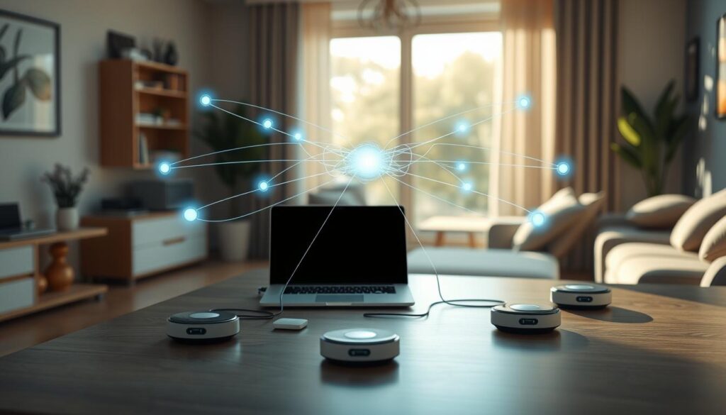 A detailed, futuristic interior depicting a modern home office setup showcasing mesh network coverage. In the foreground, a sleek, high-tech laptop sits on a minimalist desk, connected seamlessly to multiple mesh nodes, represented as stylish, small devices with soft LED indicators. In the middle, an abstract diagram overlay shows the mesh network connections radiating outward, illustrated with glowing lines demonstrating seamless coverage. The background features a cozy living space with a large window letting in natural light, casting soft shadows that create a warm atmosphere. The overall mood is professional and innovative, highlighting the advanced technology of mesh networks in contrast to traditional router setups. The scene has a sharp focus, with a slight depth of field effect to emphasize the mesh networking devices. A detailed, futuristic interior depicting a modern home office setup showcasing mesh network coverage. In the foreground, a sleek, high-tech laptop sits on a minimalist desk, connected seamlessly to multiple mesh nodes, represented as stylish, small devices with soft LED indicators. In the middle, an abstract diagram overlay shows the mesh network connections radiating outward, illustrated with glowing lines demonstrating seamless coverage. The background features a cozy living space with a large window letting in natural light, casting soft shadows that create a warm atmosphere. The overall mood is professional and innovative, highlighting the advanced technology of mesh networks in contrast to traditional router setups. The scene has a sharp focus, with a slight depth of field effect to emphasize the mesh networking devices.