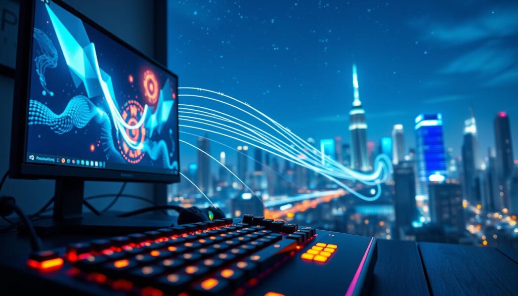 A dynamic visualization of 10Gbps fiber gaming latency reduction, showcasing a sleek gaming setup. In the foreground, a high-tech gaming console with glowing LED lights, accompanied by a modern gaming monitor displaying vibrant graphics. The middle layer features an abstract representation of data packets traveling along glowing fiber optic cables, with a focus on speed and connectivity, symbolizing lower latency. The background is a futuristic city skyline lit at night, with a starry sky reflecting the advancements in gaming technology. Soft blue and green lighting enhances the atmosphere, creating a sense of innovation and excitement. The composition is captured with a wide-angle lens, emphasizing the contrast between the intricate tech elements and the expansive cityscape, evoking a mood of forward-thinking exploration in gaming. A dynamic visualization of 10Gbps fiber gaming latency reduction, showcasing a sleek gaming setup. In the foreground, a high-tech gaming console with glowing LED lights, accompanied by a modern gaming monitor displaying vibrant graphics. The middle layer features an abstract representation of data packets traveling along glowing fiber optic cables, with a focus on speed and connectivity, symbolizing lower latency. The background is a futuristic city skyline lit at night, with a starry sky reflecting the advancements in gaming technology. Soft blue and green lighting enhances the atmosphere, creating a sense of innovation and excitement. The composition is captured with a wide-angle lens, emphasizing the contrast between the intricate tech elements and the expansive cityscape, evoking a mood of forward-thinking exploration in gaming.