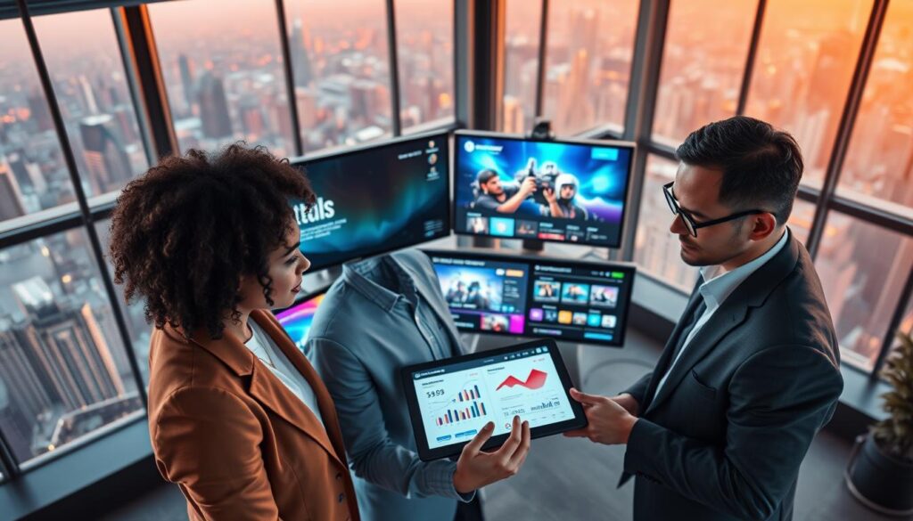 A futuristic office environment showcasing professionals in business attire collaborating on streaming tech adaptation strategies. In the foreground, a team of diverse individuals, including a woman with curly hair and a man with glasses, are brainstorming around a digital tablet displaying analytics and charts. The middle ground features multiple monitors displaying various streaming and gaming platforms, reflecting high-tech trends in vibrant colors. In the background, large windows reveal a city skyline, bathed in warm natural light that creates an energetic atmosphere. Use a high-angle shot for a dynamic perspective, highlighting teamwork and innovation. The overall mood is focused and collaborative, symbolizing the swift adaptation to new technologies in the streaming and gaming industry. A futuristic office environment showcasing professionals in business attire collaborating on streaming tech adaptation strategies. In the foreground, a team of diverse individuals, including a woman with curly hair and a man with glasses, are brainstorming around a digital tablet displaying analytics and charts. The middle ground features multiple monitors displaying various streaming and gaming platforms, reflecting high-tech trends in vibrant colors. In the background, large windows reveal a city skyline, bathed in warm natural light that creates an energetic atmosphere. Use a high-angle shot for a dynamic perspective, highlighting teamwork and innovation. The overall mood is focused and collaborative, symbolizing the swift adaptation to new technologies in the streaming and gaming industry.
