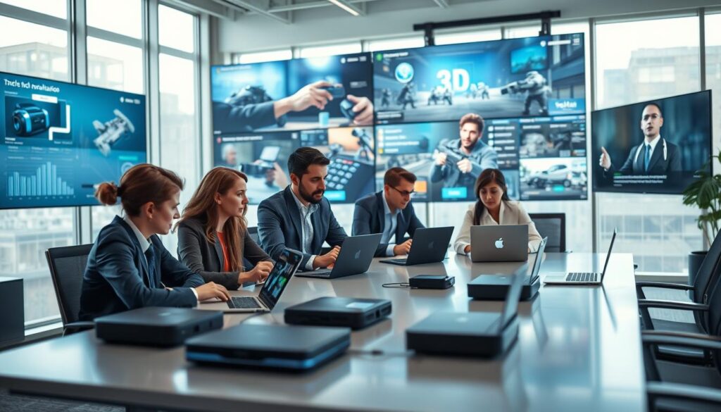 A modern office space showcasing a professional environment dedicated to tech evaluation. In the foreground, a diverse group of three professionals in business attire are intensely reviewing streaming devices and software on a sleek conference table, surrounded by laptops displaying graphs and data analytics. In the middle ground, large screens show visuals of gaming technologies, 3D rendering, and user interfaces, adding a dynamic touch. The background features large windows with natural light flooding in, illuminating the space, creating a bright and innovative atmosphere. The scene is framed with a slight depth of field, focusing on the group while softly blurring the screens. The mood is collaborative and forward-thinking, emphasizing the excitement of the latest tech trends in streaming and gaming. A modern office space showcasing a professional environment dedicated to tech evaluation. In the foreground, a diverse group of three professionals in business attire are intensely reviewing streaming devices and software on a sleek conference table, surrounded by laptops displaying graphs and data analytics. In the middle ground, large screens show visuals of gaming technologies, 3D rendering, and user interfaces, adding a dynamic touch. The background features large windows with natural light flooding in, illuminating the space, creating a bright and innovative atmosphere. The scene is framed with a slight depth of field, focusing on the group while softly blurring the screens. The mood is collaborative and forward-thinking, emphasizing the excitement of the latest tech trends in streaming and gaming.