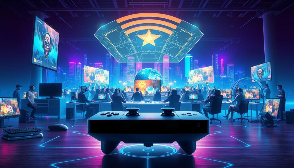 A visually striking illustration showcasing future applications of Wi-Fi 7 technology in gaming. In the foreground, a sleek gaming console connected wirelessly, surrounded by various high-tech devices like VR headsets, smart home devices, and gaming laptops. The middle ground features a dynamic eSports arena filled with enthusiastic gamers in professional attire, immersed in competitive gameplay. Advanced holographic displays project game visuals and network analytics above them. In the background, a futuristic city skyline illuminated by vibrant neon lights suggests connectivity and technological advancement. The scene is bathed in cool blue and purple lighting, enhancing the high-tech atmosphere, and captured from a slightly elevated angle to provide a comprehensive view of the environment. A visually striking illustration showcasing future applications of Wi-Fi 7 technology in gaming. In the foreground, a sleek gaming console connected wirelessly, surrounded by various high-tech devices like VR headsets, smart home devices, and gaming laptops. The middle ground features a dynamic eSports arena filled with enthusiastic gamers in professional attire, immersed in competitive gameplay. Advanced holographic displays project game visuals and network analytics above them. In the background, a futuristic city skyline illuminated by vibrant neon lights suggests connectivity and technological advancement. The scene is bathed in cool blue and purple lighting, enhancing the high-tech atmosphere, and captured from a slightly elevated angle to provide a comprehensive view of the environment.