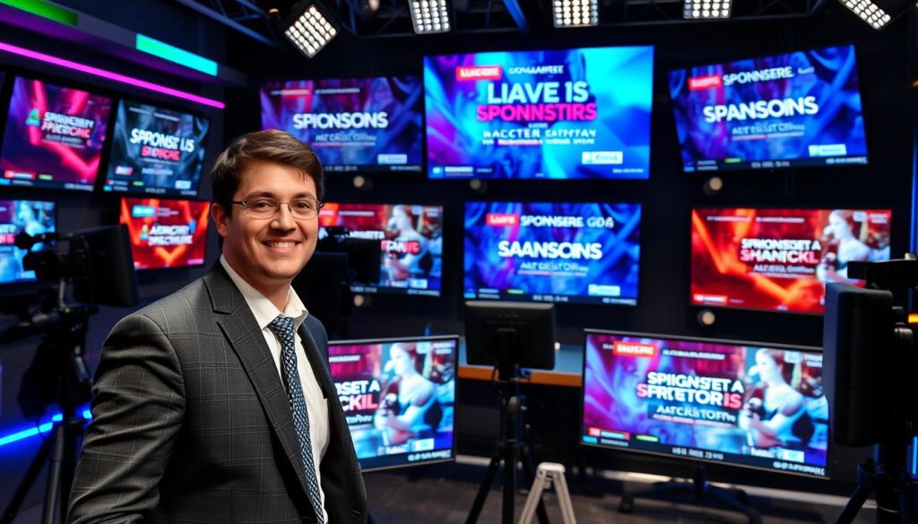 A busy live stream studio with a modern, sleek setup. In the foreground, a live streaming host in professional business attire engages with the camera, exuding charisma and enthusiasm. The middle ground features various screens displaying vibrant advertisements from different sponsorships and networks, emphasizing the concept of alternative ad sources. The background contains subtle lighting with colorful LED accents that create an energetic and dynamic atmosphere, highlighting the excitement of the streaming experience. The scene is captured from a slightly elevated angle, showing the host in action amidst the lively backdrop of advertisements, conveying a sense of professionalism and innovation in the world of streaming.
