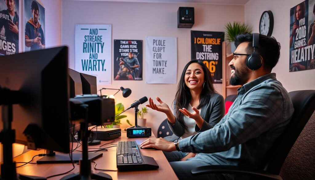 A cozy, well-lit streaming room featuring two diverse streamers collaborating on a project. In the foreground, one streamer, a woman in professional casual attire, is seated at a dual monitor setup, animatedly discussing ideas with a male streamer beside her, both smiling and engaged. The middle ground includes tech gadgets like cameras and microphones, showcasing a creative atmosphere. The background hints at posters of popular games and motivational quotes, with soft, warm lighting creating an inviting mood. A digital clock indicates time management, emphasizing healthy streaming habits. The overall scene conveys teamwork, support, and an energetic yet relaxed environment, ideal for collaboration while maintaining a balanced streaming lifestyle. A cozy, well-lit streaming room featuring two diverse streamers collaborating on a project. In the foreground, one streamer, a woman in professional casual attire, is seated at a dual monitor setup, animatedly discussing ideas with a male streamer beside her, both smiling and engaged. The middle ground includes tech gadgets like cameras and microphones, showcasing a creative atmosphere. The background hints at posters of popular games and motivational quotes, with soft, warm lighting creating an inviting mood. A digital clock indicates time management, emphasizing healthy streaming habits. The overall scene conveys teamwork, support, and an energetic yet relaxed environment, ideal for collaboration while maintaining a balanced streaming lifestyle.