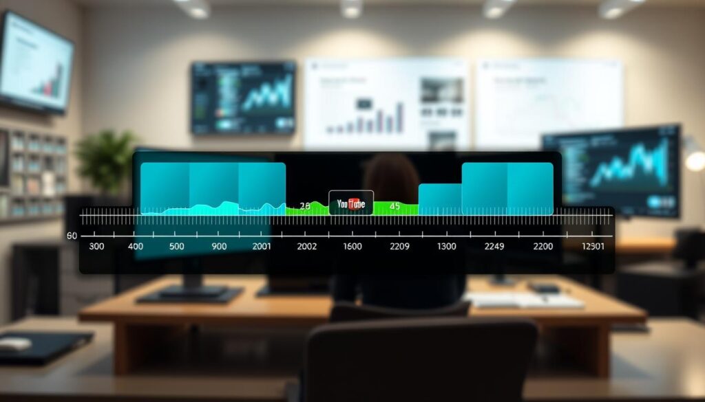 A detailed strategic YouTube ad breaks timing chart, illustrating optimal ad placement staggered throughout a video timeline. In the foreground, show a sleek, modern-looking chart with time intervals clearly marked, incorporating various segments highlighted in vibrant colors such as blue and green. The middle layer should feature subtle graphical elements like icons representing different ad types (e.g., skippable, non-skippable) positioned along the timeline. The background consists of a softly blurred digital workspace with hints of monitors displaying analytics and graphs, creating a professional atmosphere. The lighting is bright yet soft, emanating from above, emphasizing the clarity of the chart. The overall mood is informative and strategic, aiming to convey professionalism and insight for content creators.