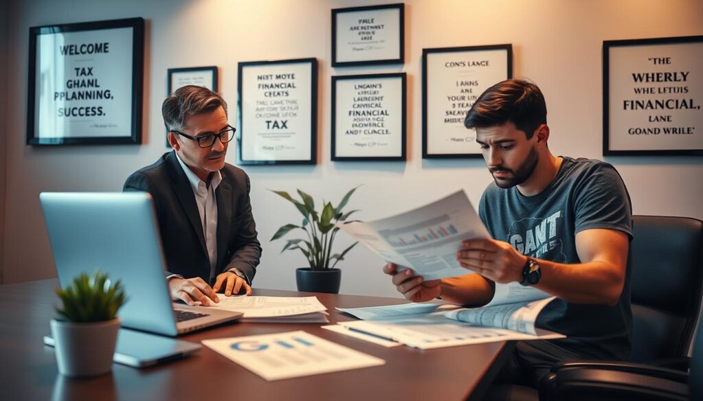 A focused and professional setting illustrating a financial advisor’s workspace. In the foreground, a well-dressed accountant, wearing a blazer and glasses, is reviewing detailed tax documents with a content creator who has a gaming-themed shirt. The middle ground features a sleek desk with organized papers, a laptop displaying charts, and a potted plant for a touch of warmth. Behind them, a wall adorned with framed tax certificates and motivational quotes about financial success. The lighting is soft and warm, creating a welcoming atmosphere that enhances the feeling of trust and professionalism. The angle is slightly above eye level, offering a clear view of the interaction while capturing the essence of teamwork in financial planning. The overall mood conveys competence, support, and the importance of professional guidance. A focused and professional setting illustrating a financial advisor’s workspace. In the foreground, a well-dressed accountant, wearing a blazer and glasses, is reviewing detailed tax documents with a content creator who has a gaming-themed shirt. The middle ground features a sleek desk with organized papers, a laptop displaying charts, and a potted plant for a touch of warmth. Behind them, a wall adorned with framed tax certificates and motivational quotes about financial success. The lighting is soft and warm, creating a welcoming atmosphere that enhances the feeling of trust and professionalism. The angle is slightly above eye level, offering a clear view of the interaction while capturing the essence of teamwork in financial planning. The overall mood conveys competence, support, and the importance of professional guidance.