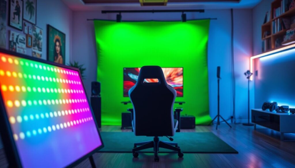 A modern gaming setup featuring enhanced lighting and a green screen backdrop. In the foreground, there are RGB LED panels emitting colorful lights, creating a dynamic atmospheric glow. A sleek gaming chair sits in an ergonomic position, complemented by a high-end gaming monitor displaying vibrant graphics. The middle layer shows a professional green screen, perfectly lit for a seamless streaming experience. In the background, soft ambient lighting from decorative LED strips illuminates the room, reflected off sleek surfaces. The scene is captured from a slightly elevated angle, allowing a comprehensive view of the setup. The mood is energetic and inviting, perfect for a gaming stream, showcasing the essential elements for a professional and engaging streaming environment.