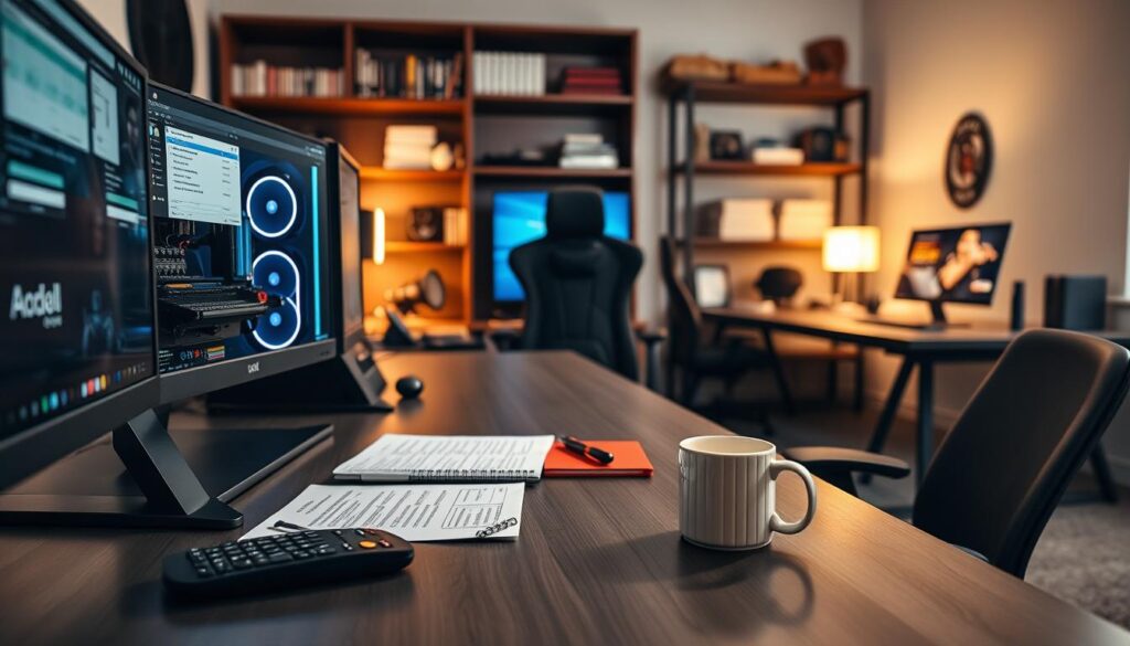 A modern home office setup for a streamer, showcasing key tax deduction aspects. In the foreground, a sleek desk with a high-end gaming PC, dual monitors displaying tax documents and streaming software. A notepad with calculations, a calculator, and a coffee mug indicating a long work session. The middle ground features ergonomic office furniture with a comfortable gaming chair. In the background, a bookshelf filled with financial books and gaming memorabilia. Soft, warm lighting creates an inviting atmosphere, highlighting the organization of the workspace. Use a slightly elevated perspective to capture the depth of the office, conveying a sense of professionalism and focus, perfect for tax preparation. A modern home office setup for a streamer, showcasing key tax deduction aspects. In the foreground, a sleek desk with a high-end gaming PC, dual monitors displaying tax documents and streaming software. A notepad with calculations, a calculator, and a coffee mug indicating a long work session. The middle ground features ergonomic office furniture with a comfortable gaming chair. In the background, a bookshelf filled with financial books and gaming memorabilia. Soft, warm lighting creates an inviting atmosphere, highlighting the organization of the workspace. Use a slightly elevated perspective to capture the depth of the office, conveying a sense of professionalism and focus, perfect for tax preparation.