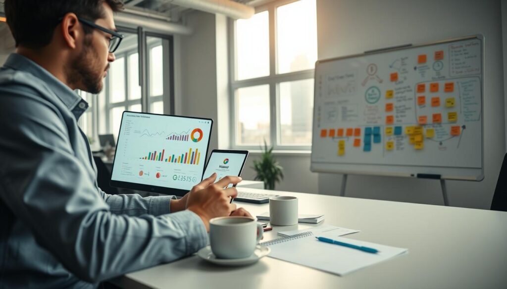 A modern, organized office space featuring a professional, focused individual analyzing a digital dashboard on a laptop. The foreground shows the person, dressed in smart casual attire, intently reviewing graphs and metrics related to streamer affiliate programs. In the middle, the desk is clutter-free with a notebook, coffee cup, and some charts spread out, representing strategies for optimization. The background reveals large windows with natural light pouring in, along with a whiteboard filled with colorful sticky notes and diagrams outlining key performance indicators. The atmosphere is one of productivity and ambition, highlighting the theme of maximizing success in affiliate marketing for streamers. Utilize soft, warm lighting to create an inviting and motivating environment.