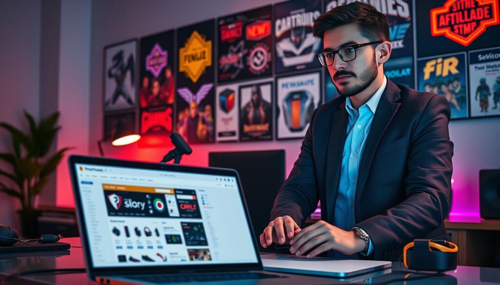 A modern workspace scene showing a professional-looking individual, dressed in smart casual attire, engaged in creating affiliate content for streaming. In the foreground, a laptop displays a detailed product links dashboard filled with various streaming gear and tech tools. The middle layer features a desk with a microphone, headset, and neon RGB lighting elements, reflecting a creative and tech-savvy atmosphere. In the background, a wall adorned with poster art of popular video games and streaming logos sets the mood. Soft, cinematic lighting enhances the focus on the laptop screen while casting a warm and inviting glow in the workspace. The overall ambiance conveys productivity, creativity, and professionalism in digital marketing.