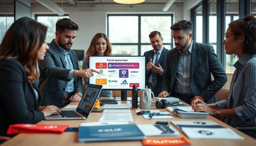 A professional setting showcasing streamers strategizing to find sponsors. In the foreground, a diverse group of three individuals in business casual attire—one pointing at a laptop screen displaying potential sponsorship options, another taking notes, and the third looking contemplative. In the middle ground, a conference table filled with promotional materials, proposals, and branded merchandise, emphasizing the negotiation process. The background features a bright modern office with windows letting in natural light, symbolic of openness and opportunity. A sense of collaboration and focus pervades the scene. Use soft, warm lighting to create an inviting atmosphere, with a slight depth of field to draw attention to the streamers while softly blurring the background elements. A professional setting showcasing streamers strategizing to find sponsors. In the foreground, a diverse group of three individuals in business casual attire—one pointing at a laptop screen displaying potential sponsorship options, another taking notes, and the third looking contemplative. In the middle ground, a conference table filled with promotional materials, proposals, and branded merchandise, emphasizing the negotiation process. The background features a bright modern office with windows letting in natural light, symbolic of openness and opportunity. A sense of collaboration and focus pervades the scene. Use soft, warm lighting to create an inviting atmosphere, with a slight depth of field to draw attention to the streamers while softly blurring the background elements.